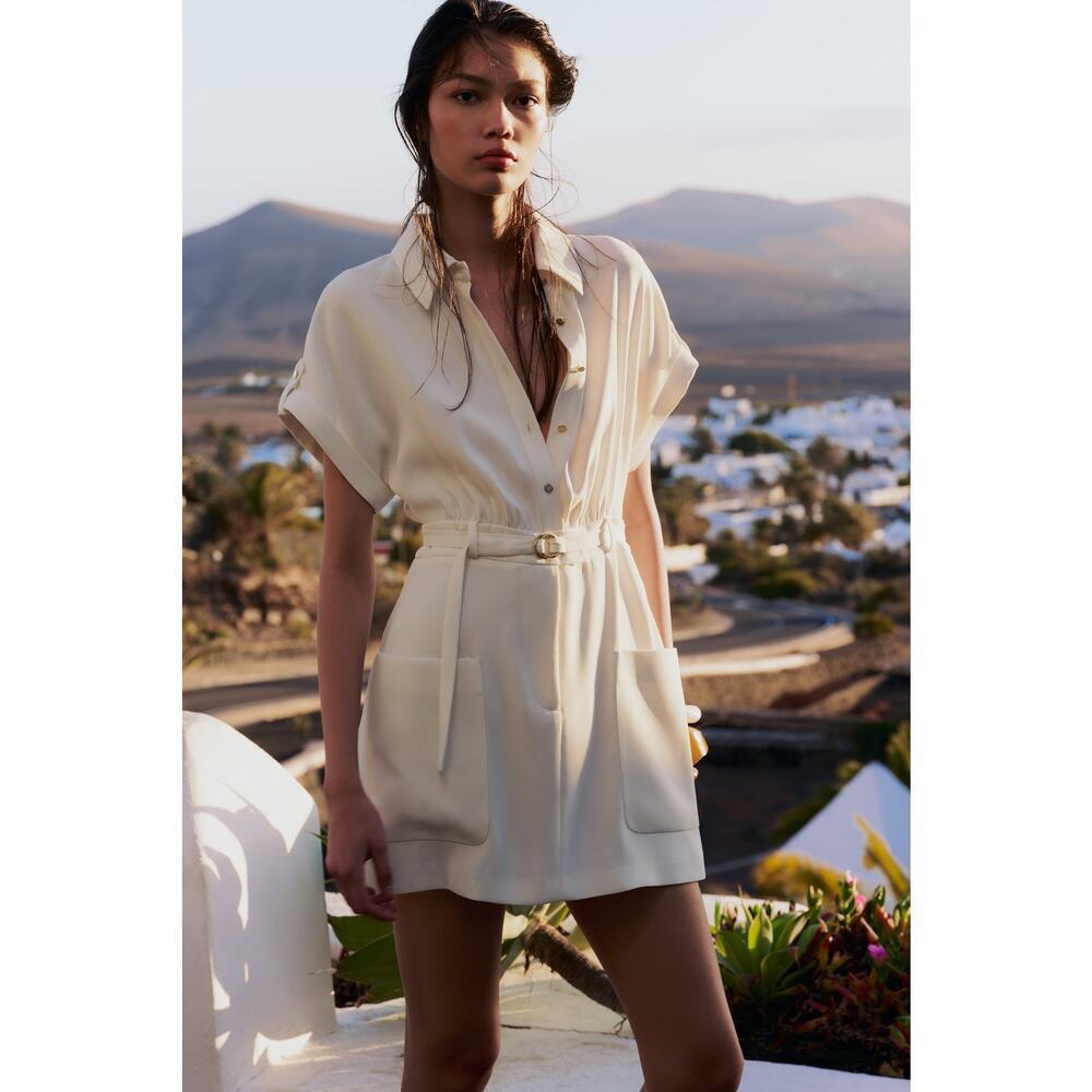 Zara BELTED MINI DRESS White Size XS summer short sleeve collar